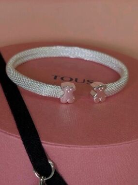 TOUS Silver Mesh Open Cuff Bracelet with Pink Bear Ends